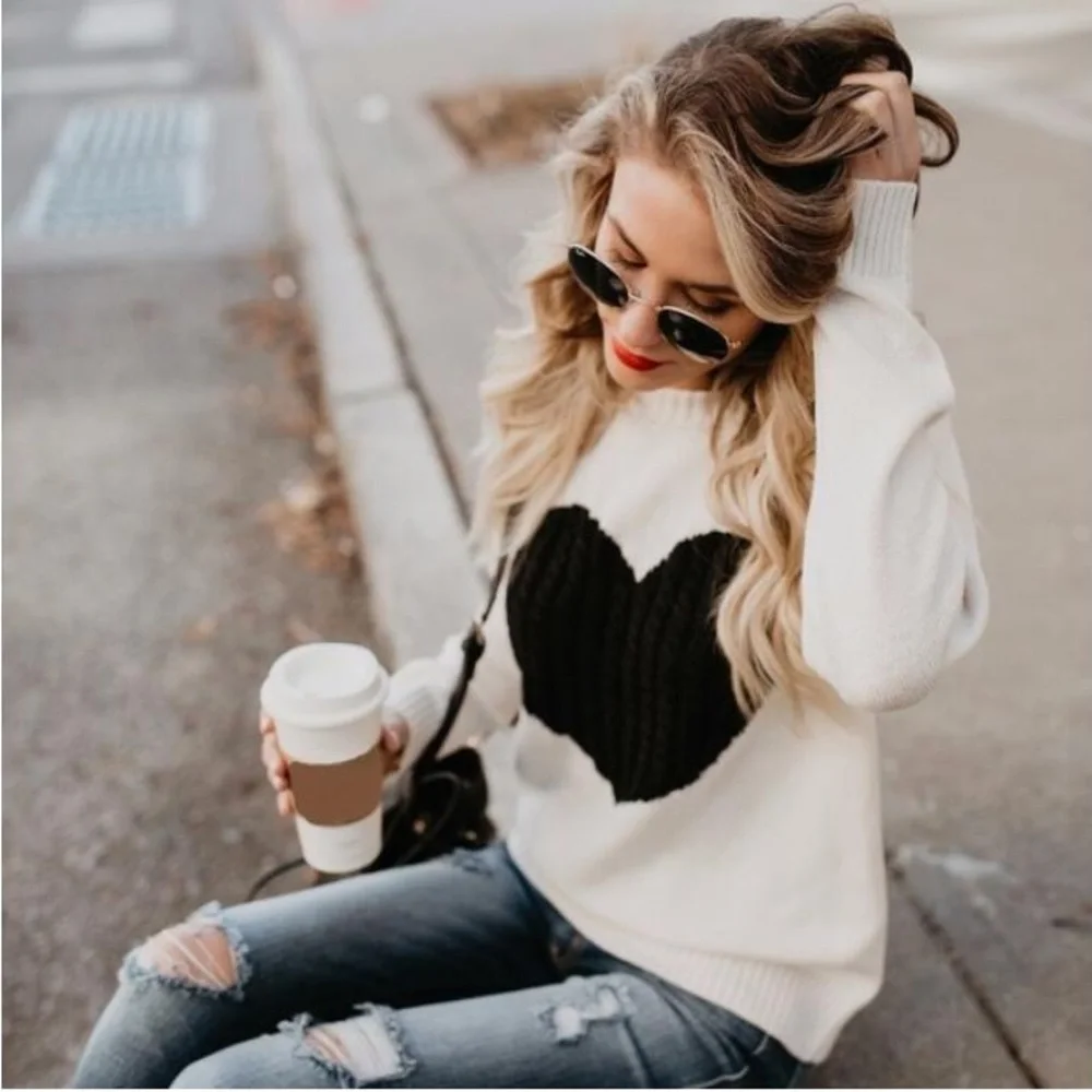 heart printed women sweater tops shirt long sleeve crewneck